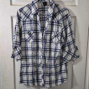 Blue and White Plaid Button-Up Shirt